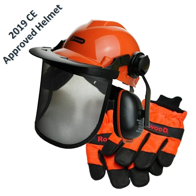 ROCWOOD CHAINSAW HELMET Metal Mesh Visor Ear Defenders & Large Size 10