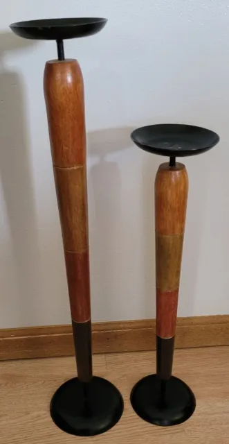 Vtg MCM Tall Candle Sticks Set Of 2 Pillar Candle Holders Wood & Metal