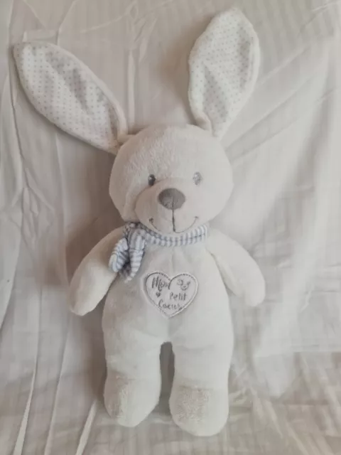 Doudou Peluche Lapin Blanc POMMETTE Mon petit Cœur Gris Echarpe Rayé 26 Cm TTBE