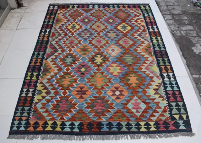 5'1 x 6'6 Handmade afghan tribal khotrang wool area kilim rug, 5x7 persian rug