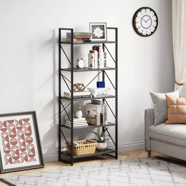 Bookshelf 5 Tiers Rustic Wood Bookcase Ladder  Rack Shelf Unit Storage Shelves