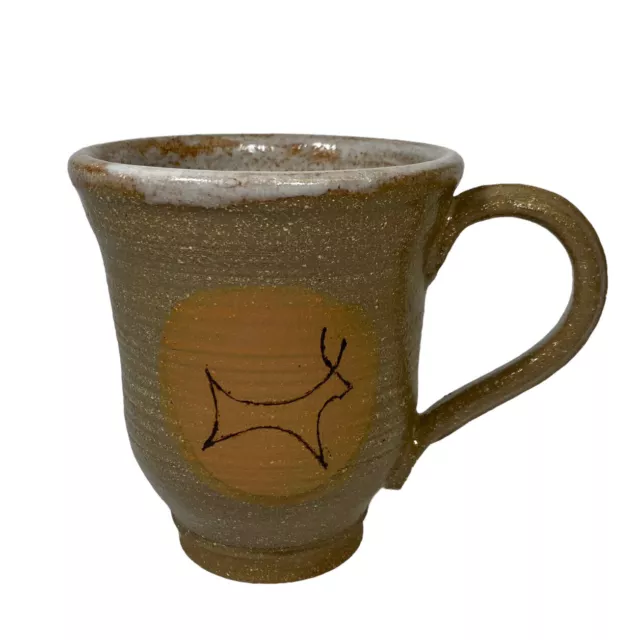 Studio Art Pottery Mug Brown Glaze 4.5” Signed Deer