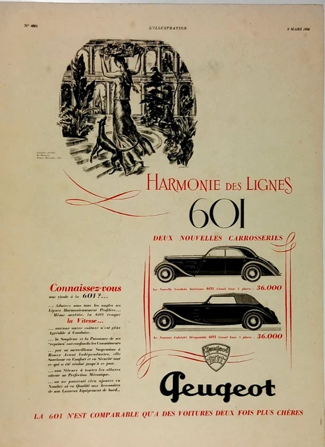 Publicité Peugeot 1935 – Modèles 201, 301, 401, 601 – Original Presse Noir Et Blanc