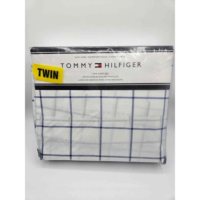 Tommy Hilfiger 4 pc Tull Sheet Set Blue Windowpane Blue White NWT