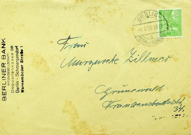 GERMANY 1950 10pf ON COVER FROM BERLIN SCHMARGENDORF