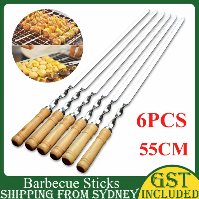 6X 55cm Flat Kebab Skewers Stainless Steel BBQ Meat Stick Barbecue Wooden Handle