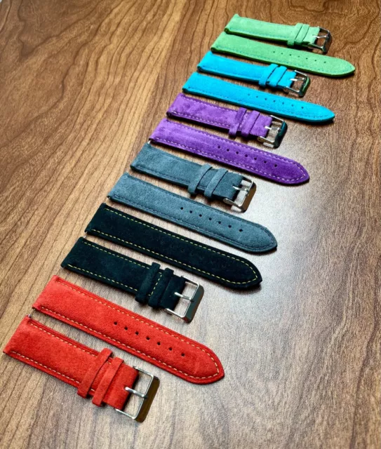 Grey Black Blue Red Purple Green Suede Leather Watch Strap Quick Release 20-22mm