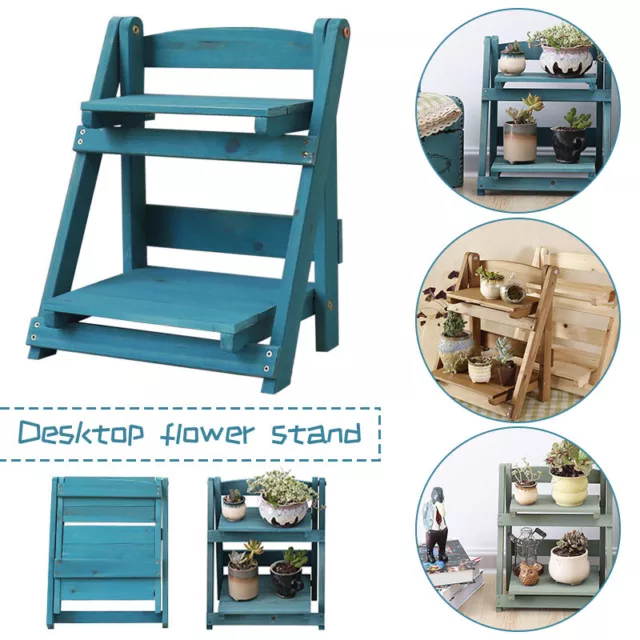 Estante de madera de 2 niveles plegable para maceta soporte de exhibición estantes de almacenamiento azul