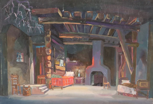 Vintage gouache painting Theater old house bedroom interior design