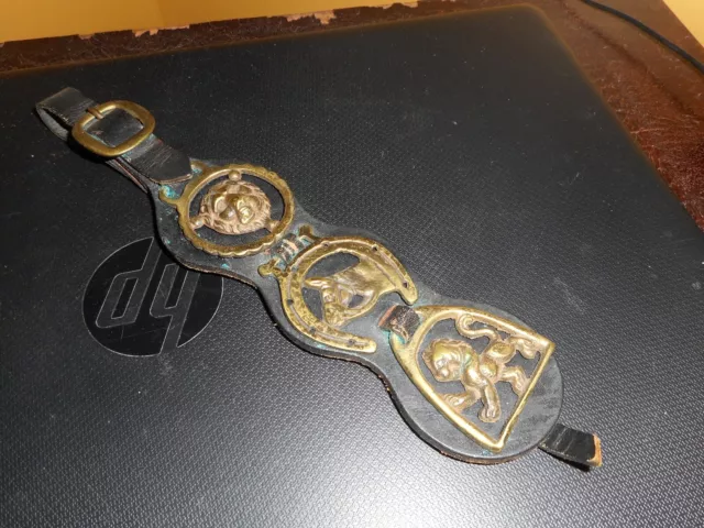 vintage leather horse strap with 3 brass medallion; Equestrian lion decoration