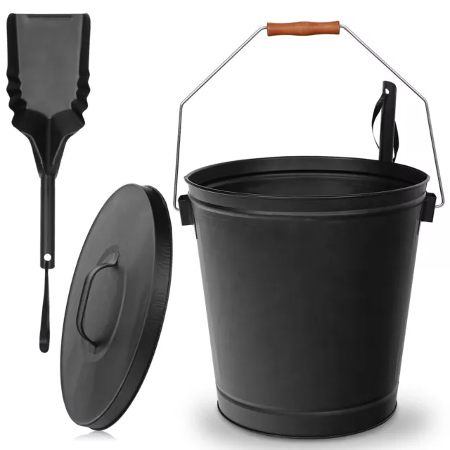 Steel 5 Gallon Fireplace Ash Bucket with Shovel Hold Heat Classic Wooden Grip