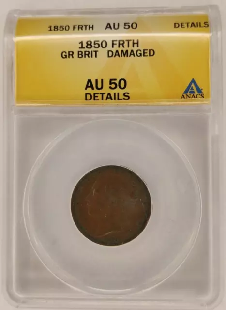 1850 Great Britain AU50 Det. ANACS Copper Farthing Coin Circulated Victoria 2A