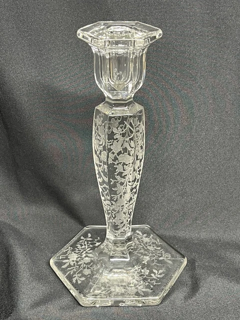 Clear Pressed Glass With Etched Floral Pattern Candle Stick Holder Unbranded.