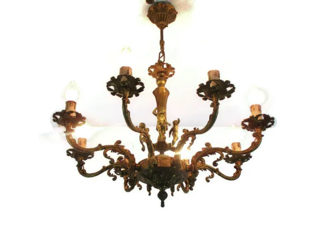 Stunning Chandelier 8 Lights Arm Putti Cherubs Hollywood Regency Ornate  Brass