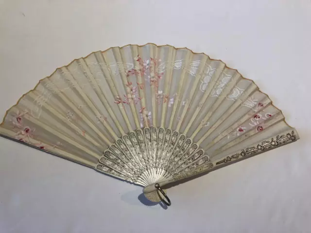 Antique German Hand Painted hand Fan with little Pink Roses 14" spread by 8"