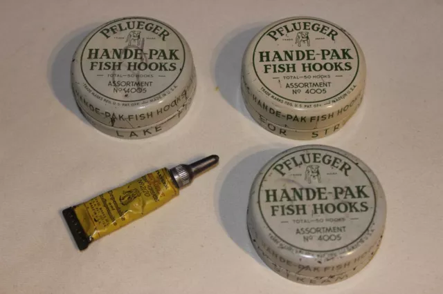 VTG PFLUEGER HANDE-PAK Fish Hooks/Ideal Sinker Empty Tins