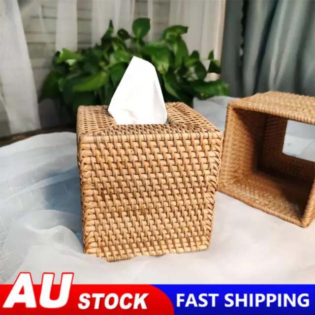Square Rattan Handmade Woven Tissue Box Cover Wicker Napkin Paper Case Holder