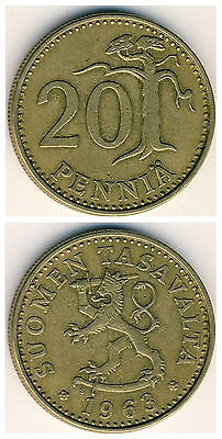 Finland  20 Pennia 1963-1990  23mm brass coin 1pcs