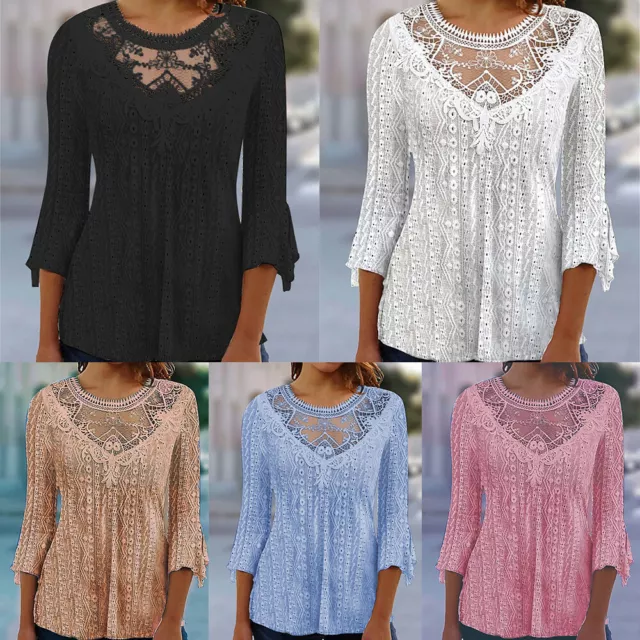Lady Blouse Tops Tunic Pullover Tees Lace 3/4 Sleeve Casual Solid Round Collar ×
