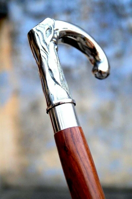 Chrome Finish Curved Head Brass Handle Vintage Brown Wooden Walking Stick Cane