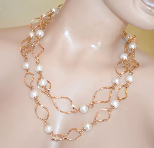 Collana lunga Oro perle bianche donna dorata girocollo ciondoli catena UX52