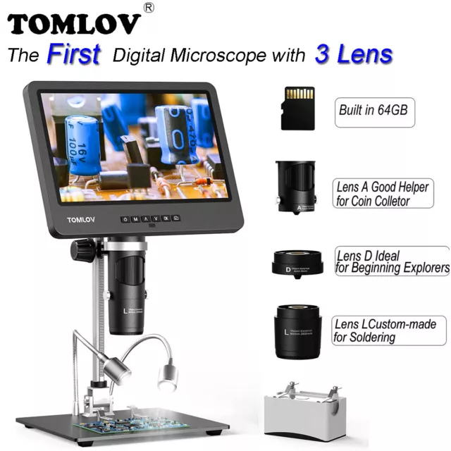 TOMLOV DM602 HDMI Digital Microscope with 3 Lens 10.1" Soldering Microscope 64GB