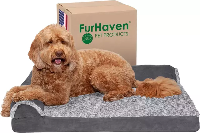 Furhaven Large Orthopedic Dog Bed Two-Tone Faux Fur & Suede L Shaped Chaise W/ R