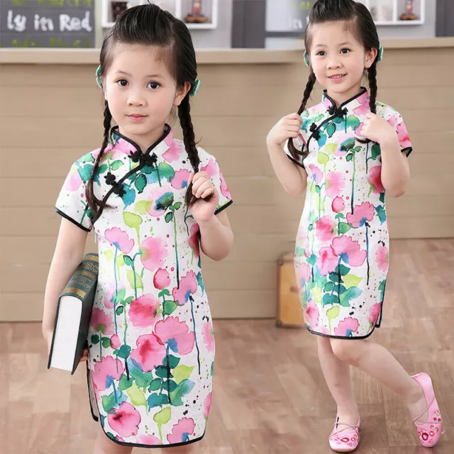 Kids Cheongsam Princess Dress Girls Chinese Traditional Cotton Linen Floral Gown