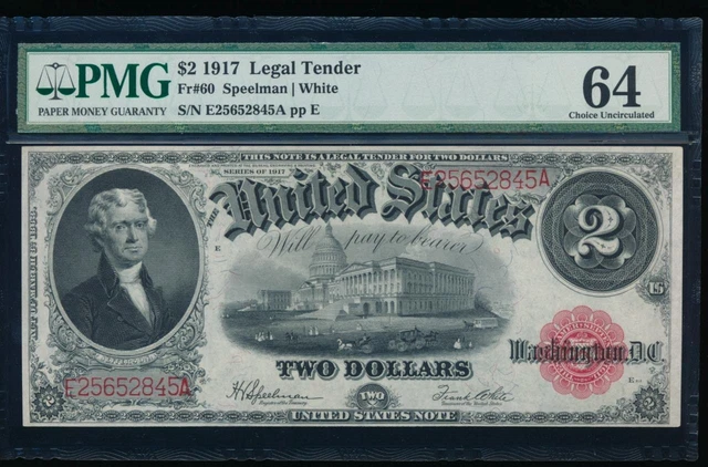 AC Fr 60 1917 $2 Legal Tender PMG 64 uncirculated !!