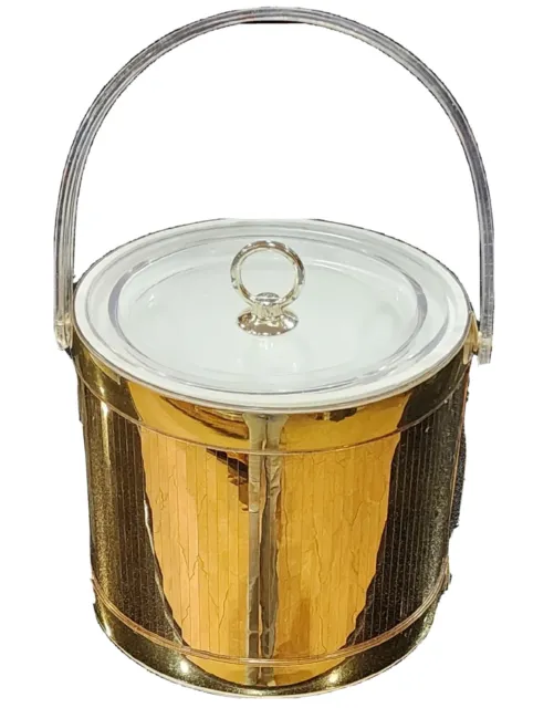 Vintage Georges Briard Gold Strip Ice Bucket With Clear Lucite Handle and Lid