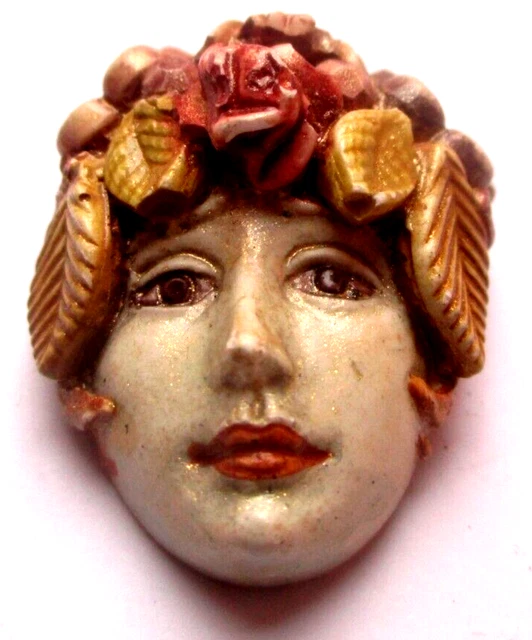Broche Vintage Visage Femme Style Mucha - Celluloïd - Magnifique Pièce Unique - Occasion
