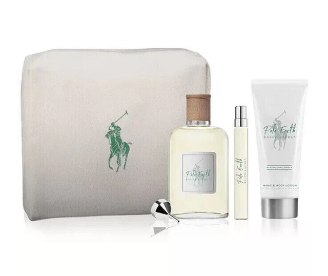 Ralph Lauren Polo Earth 4Pc Set Cologne Spray 3.4 Oz + .3 Oz Spy + B/ Lotion Bag