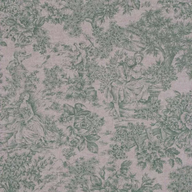 Vintage Toile De Jouy Green Double Width Fabric Curtain Upholstery Cushion