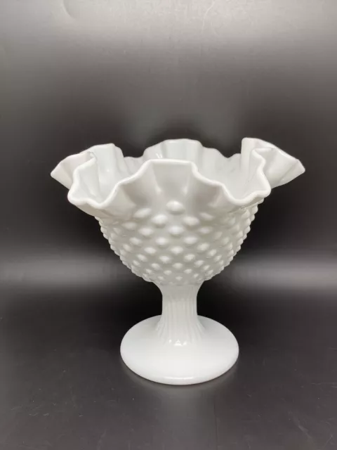 Fenton Milk Glass Hobnail Ruffle Double Crimped Edge Pedestal Compote Marked