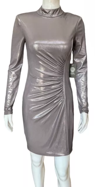 Vince Camuto $168 Metallic Silver Mock Neck Cocktail Sheath Dress Size 2 New