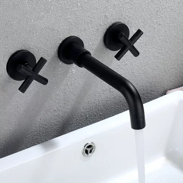 US Black Basin 2 Handles Faucet Wall Mount Bathroom Sink Brass Mixer Faucet Tap