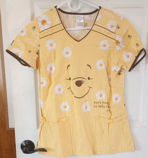 Disney Winnie The Pooh Scrubs Top Size Medium Yellow floral Pockets