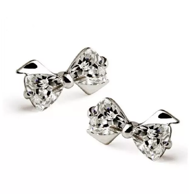 Shiny 925 Earrings Sterling Silver Bow Tie Cubic Zirconia CZ Stud Girl Gift UK
