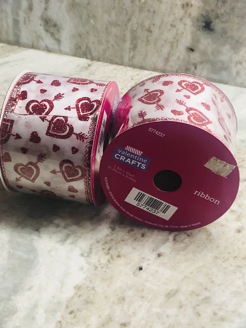 Cinta de satén blanco Valentine's Crafts Red Hearts: 2,5 pulgadas 10 yardas (1 rollo).