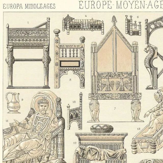 Europe Moyen-age - Meubles Lits Trones Sièges -- Gravure de presse 1888