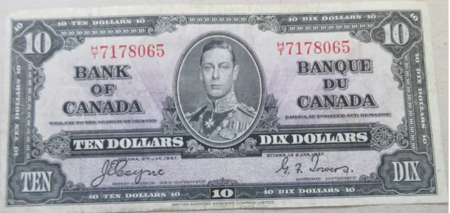 1937 Bank of Canada Ten Dollar Bill. BETTER GRADE VF $10 Bank Note (PS5-D)