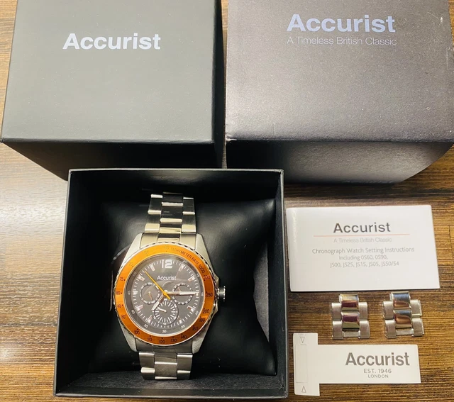ACCURIST CHRONOGRAPH WATCH Orange Bezel Black Face Dial Metal