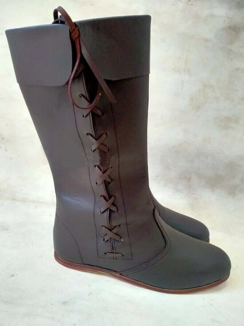 Bottes en cuir médiévales renaissance Viking Pirate Boots Mans Brown Long... 3