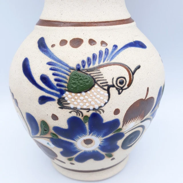 Vintage mexikanische Tonala Vase, Volkskunst Keramik, handbemalte Wachtel Vogel Blumen 