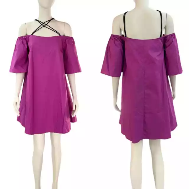 Line & Dot Crisscross Neck Cold Shoulder Poplin Mini Dress in Purple NWT size M