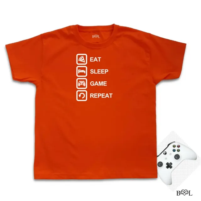 T-Shirt Eat Sleep Game Repeat Kids Arancione Compleanno Giocatore Unisex Nintendo Switch