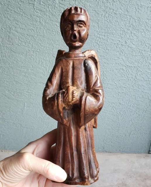 Vtg Heavy Old Hand Carved Wood 10" Christmas Choir Cherub Angel Figurine Statue