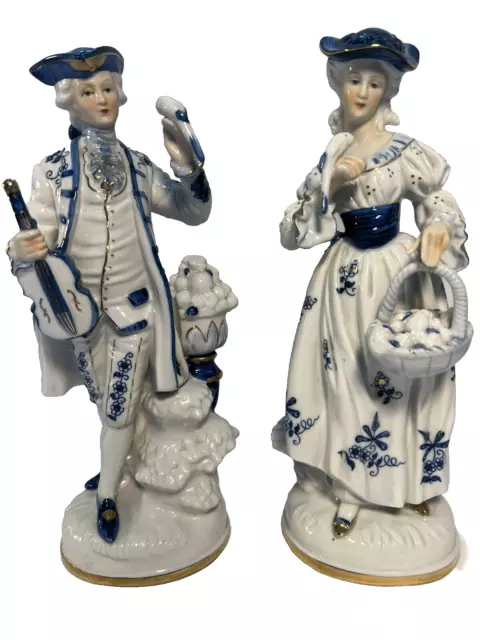 Vintage Victorian Colonial Style Figurine Couple White Blue Gold Trim