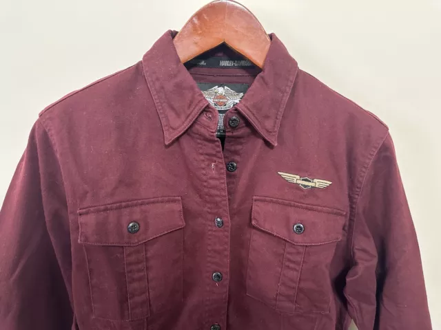 WOMEN’S HARLEY DAVIDSON Shirt Button Up Down Maroon Embroidered Button ...