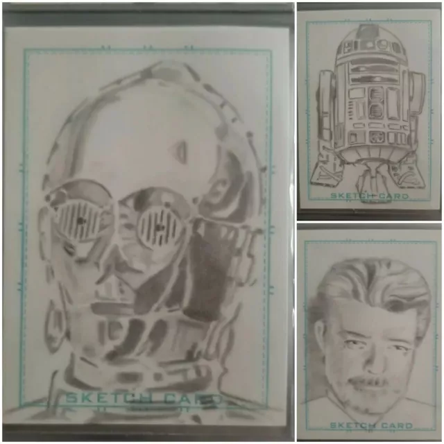 Three Star Wars Sketch Cards Inc: C3Po/R2D2/George  Lucas Hand Drawn Original